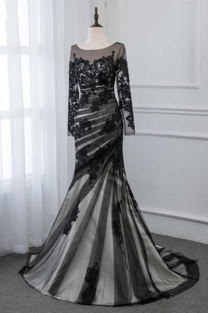 BMbridal Elegant Tulle Jewel Appliques Prom Dresses with Long Sleeves Online
