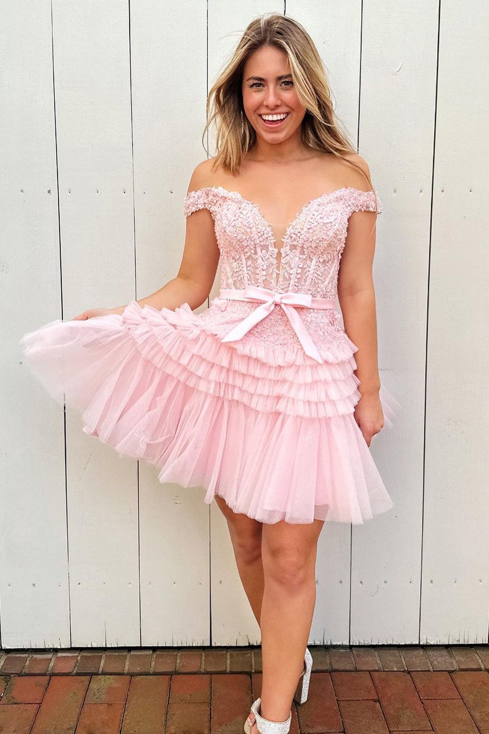Sparkly Pink Tiered A-Line Tulle Short Homecoming Dress with Lace-BMbridal
