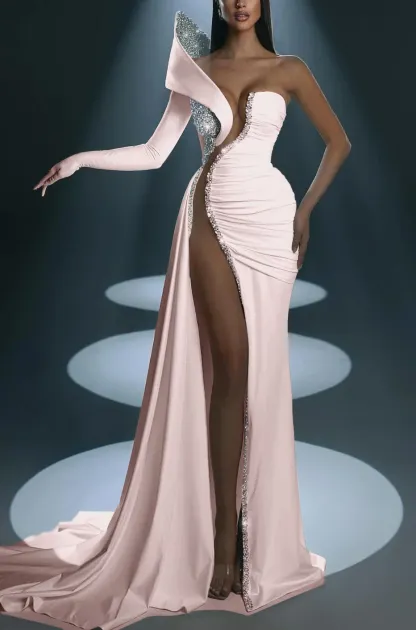 White Prom Dress With Gloves Long Mermaid One Shoulder With High Slit