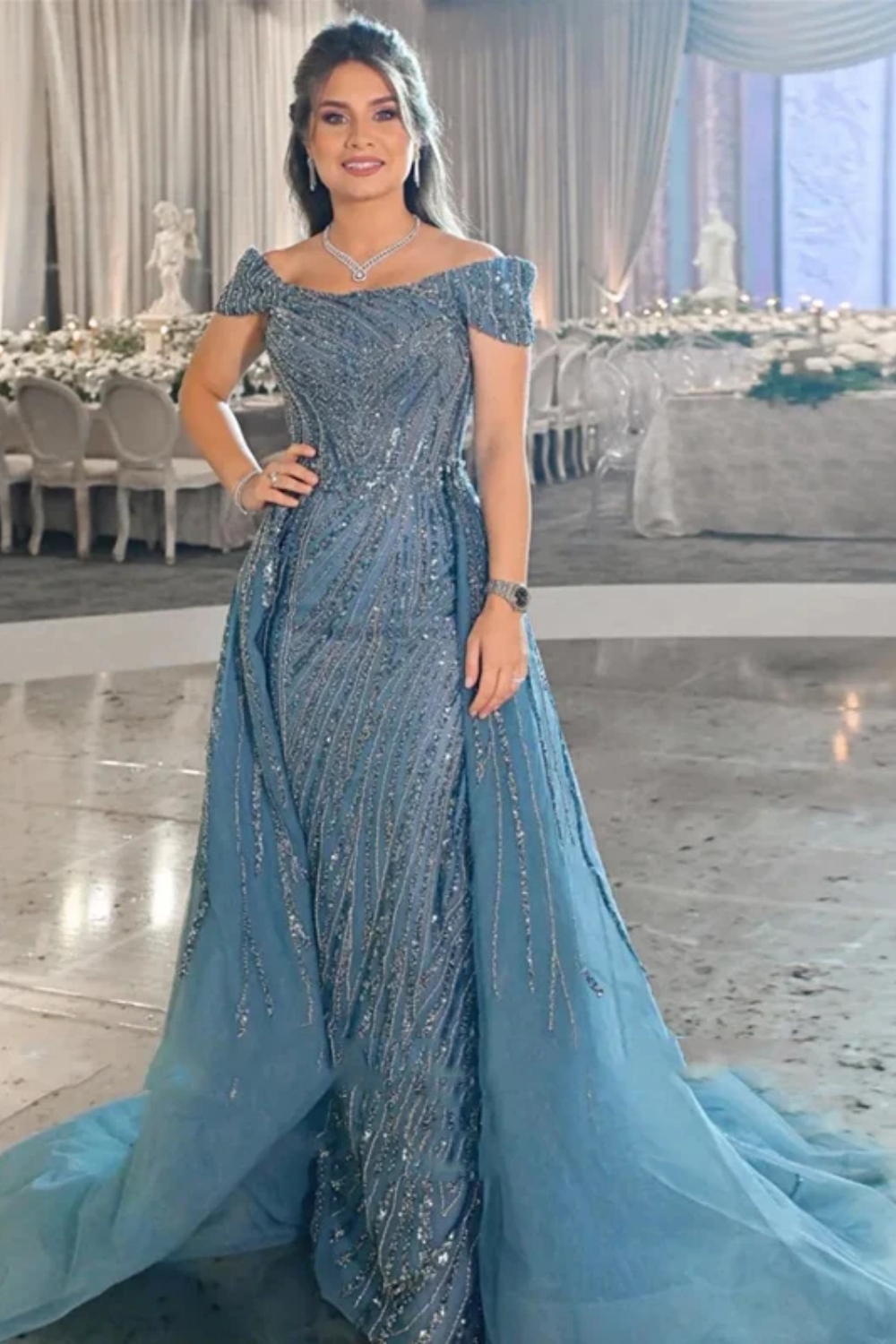 Deluxe Mermaid Off-The-Shoulder Sequined Prom Dresses-BMbridal