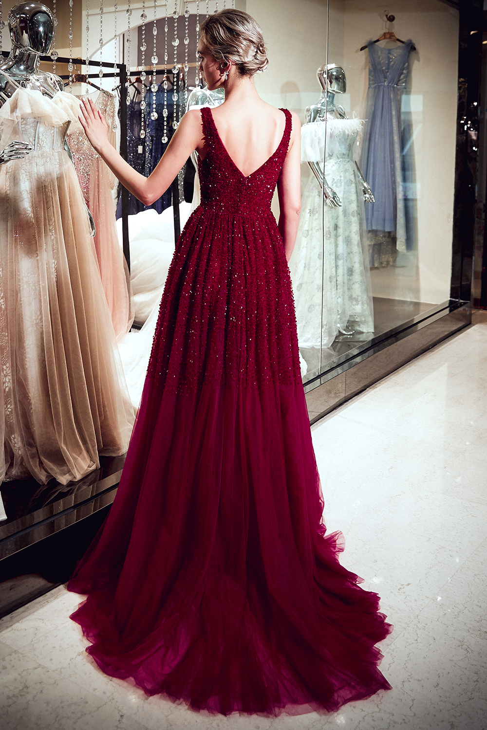 BMbridal Burgundy V-Neck Sequins Beadings Prom Dress Long Tulle Evening Gowns