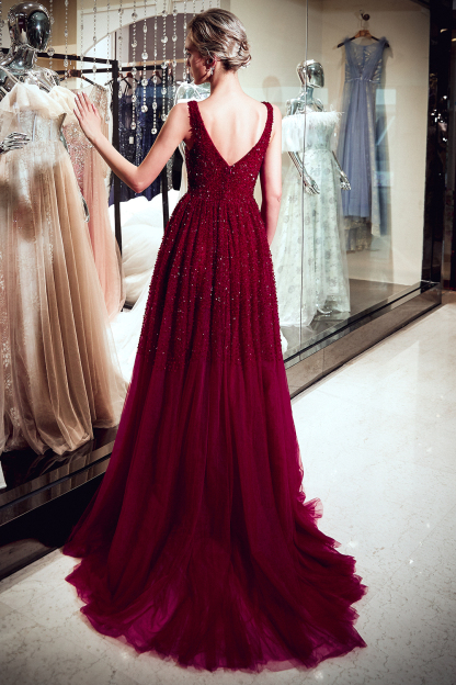 BMbridal Burgundy V-Neck Sequins Beadings Prom Dress Long Tulle Evening Gowns