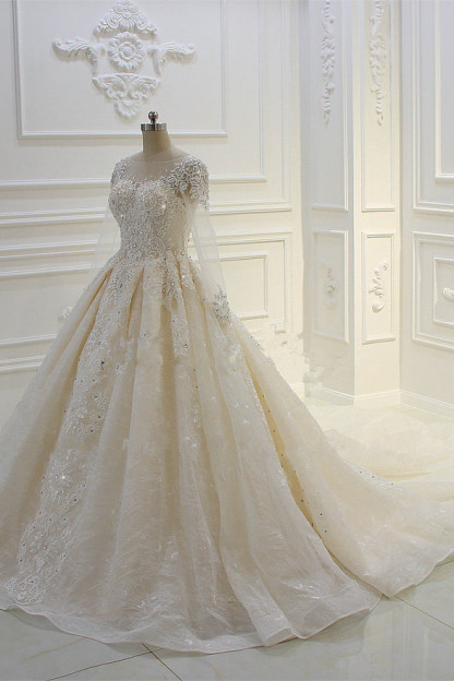 Elegant Beading Ball Gown Long Sleeves Bateau Wedding Dress with Appliques Lace
