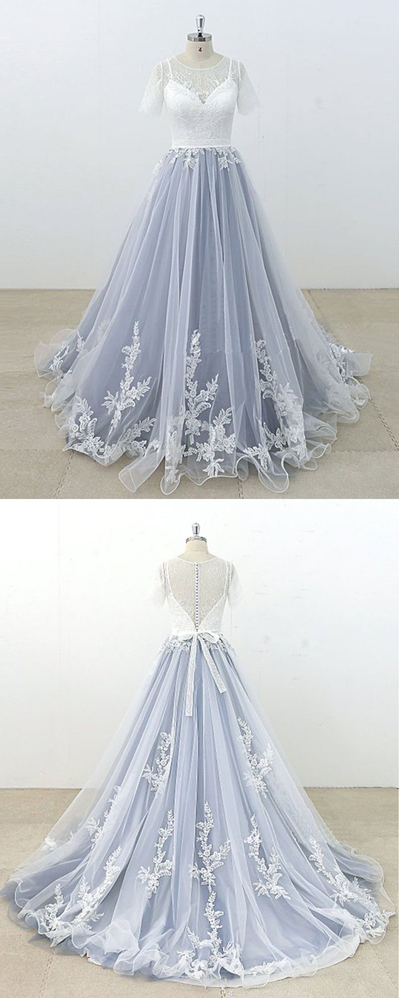 BMbridal AffordableBlue Gray Tulle Ivory Lace Wedding Dress Short Sleeve Beach Bridal Gowns On Sale