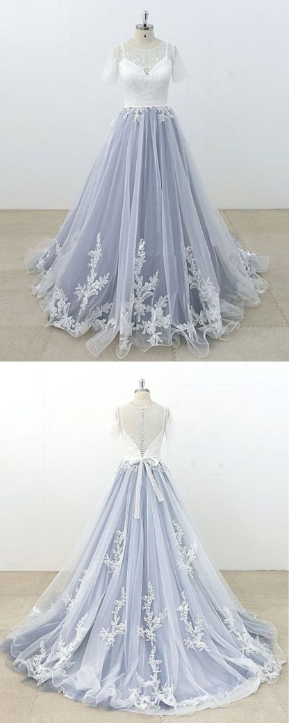 BMbridal AffordableBlue Gray Tulle Ivory Lace Wedding Dress Short Sleeve Beach Bridal Gowns On Sale