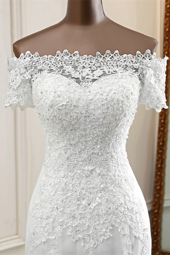BMbridal Gorgeous Off-the-Shoulder Lace Mermaid Wedding Dresses Short Sleeves Rhinestons Bridal Gowns-BMbridal