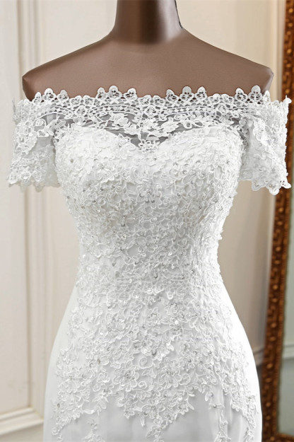 BMbridal Gorgeous Off-the-Shoulder Lace Mermaid Wedding Dresses Short Sleeves Rhinestons Bridal Gowns-BMbridal