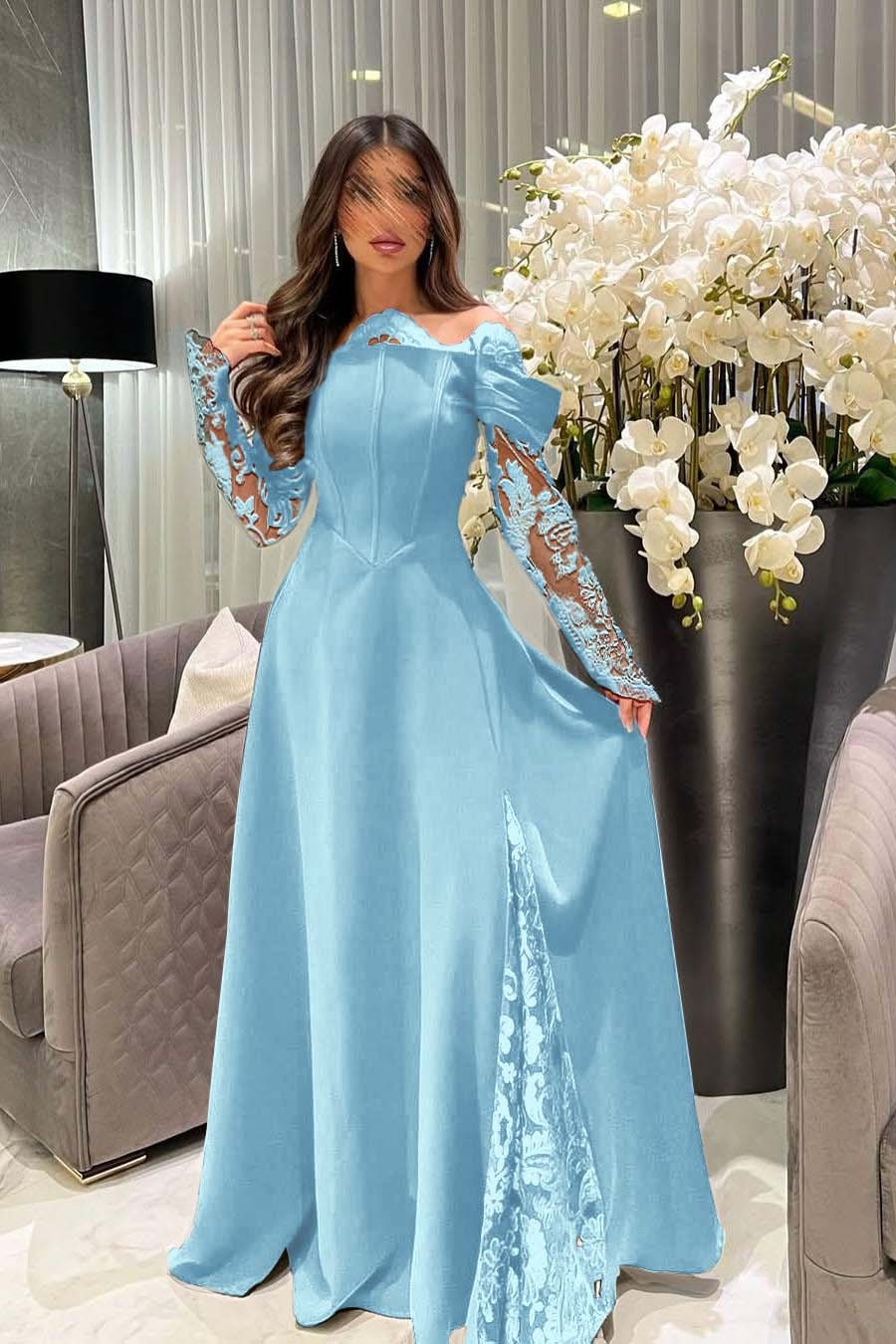 White Off the Shoulder Long Sleeves Long Prom Dress With Appliques