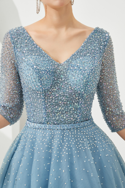 BMbridal Dusty Blue V-Neck Half-Sleeve Prom Dress Long With Beadings Lace-up