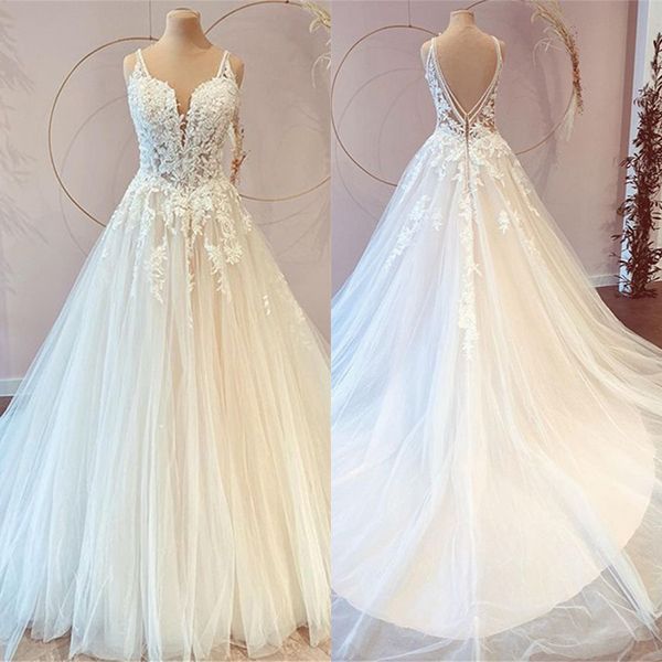 Bmbridal V-Neck Bridal Dress Sleeveless Tulle With Lace Appliques-BMbridal