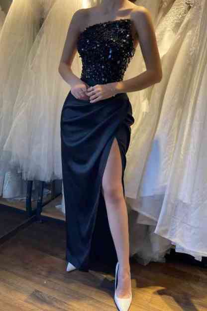 Black Strapless Sequins Prom Dress High Slit Long Online