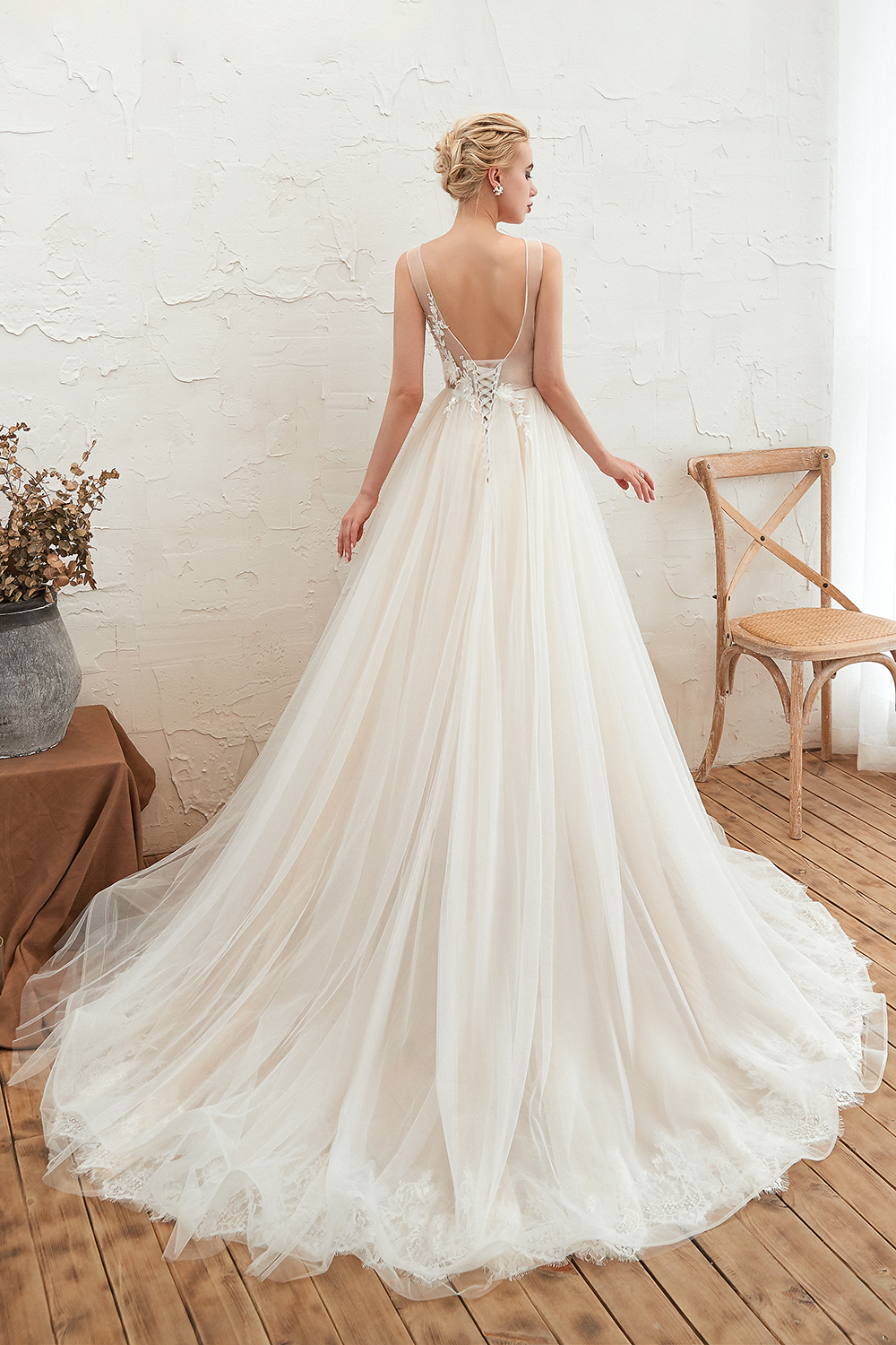BMbridal Affordable Tulle V-Neck Ruffle Long Wedding Dress with Appliques