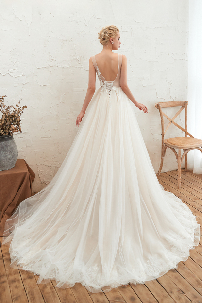 BMbridal Affordable Tulle V-Neck Ruffle Long Wedding Dress with Appliques