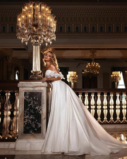 Modest Lace Floor-Length Satin Off-The-Shoulder A-Line Wedding Dress with Sweetheart Appliques
