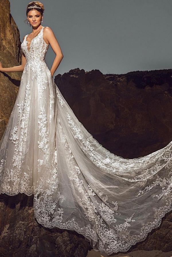 Bmbridal Sleeveless V-Neck Wedding Dress Lace Open Back-BMbridal