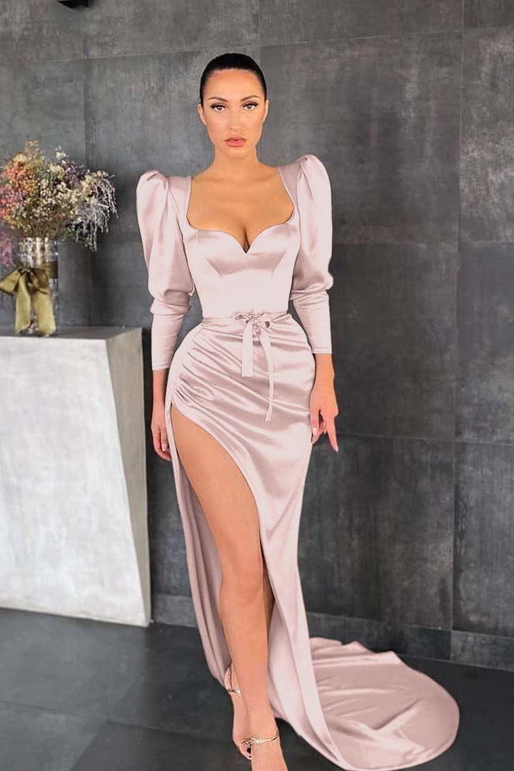 Glamorous Dusty Sage Long Sleeves Pleated Long Prom Dress Split With Belt