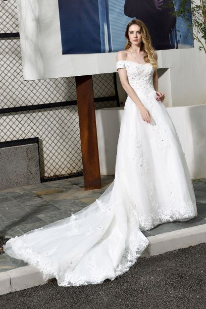 BMbridal Gorgeous Lace Off-the-Shoulder Long Wedding Dress with Beadings