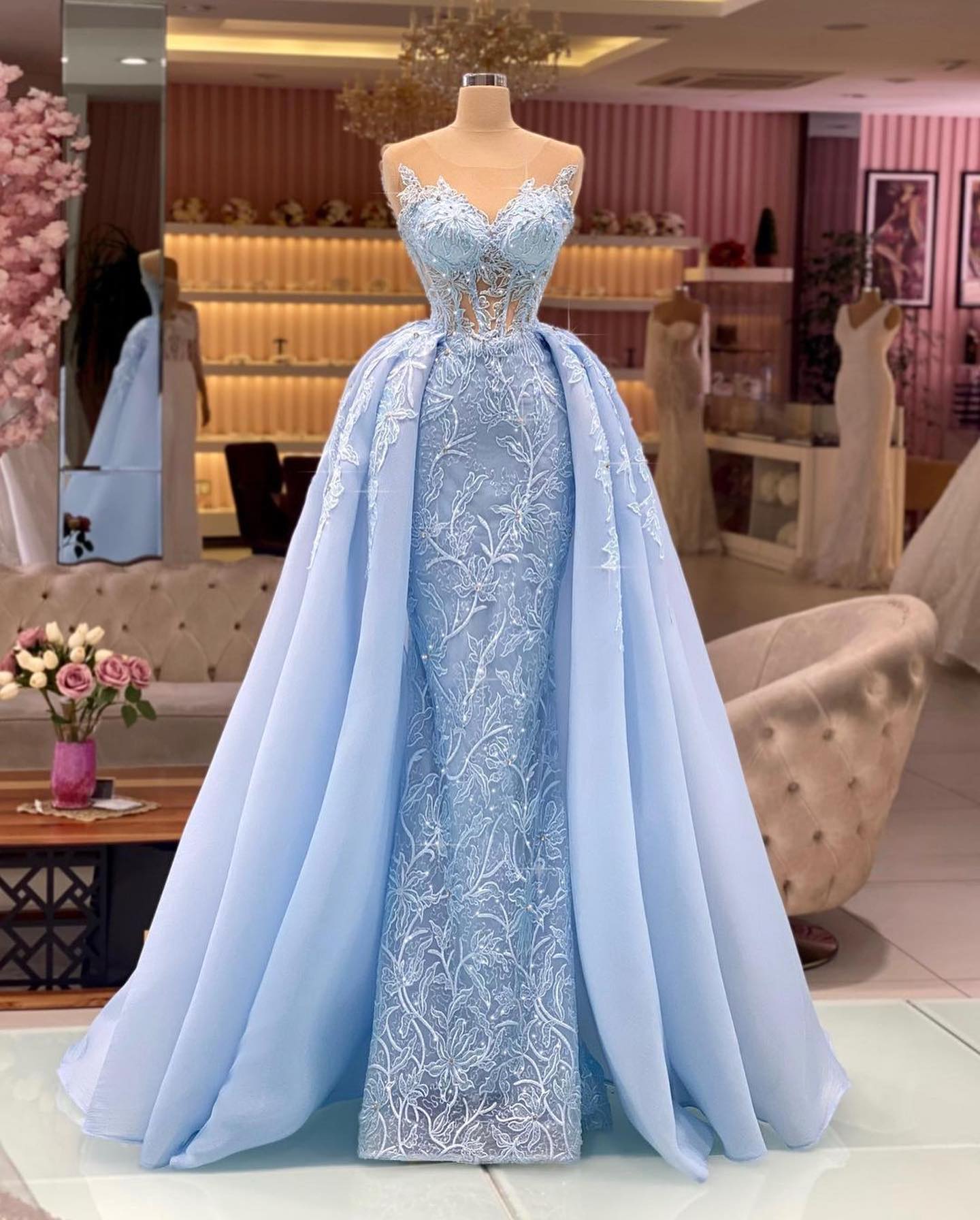 Sky Blue Sleeveless Overskirt Lace Prom Dress Long-BMbridal