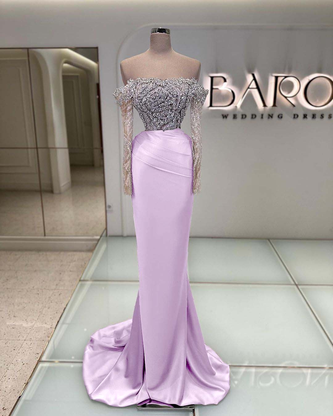 Off the Shoulder Long Sleeves  Long Mermaid Prom Dress With Beading