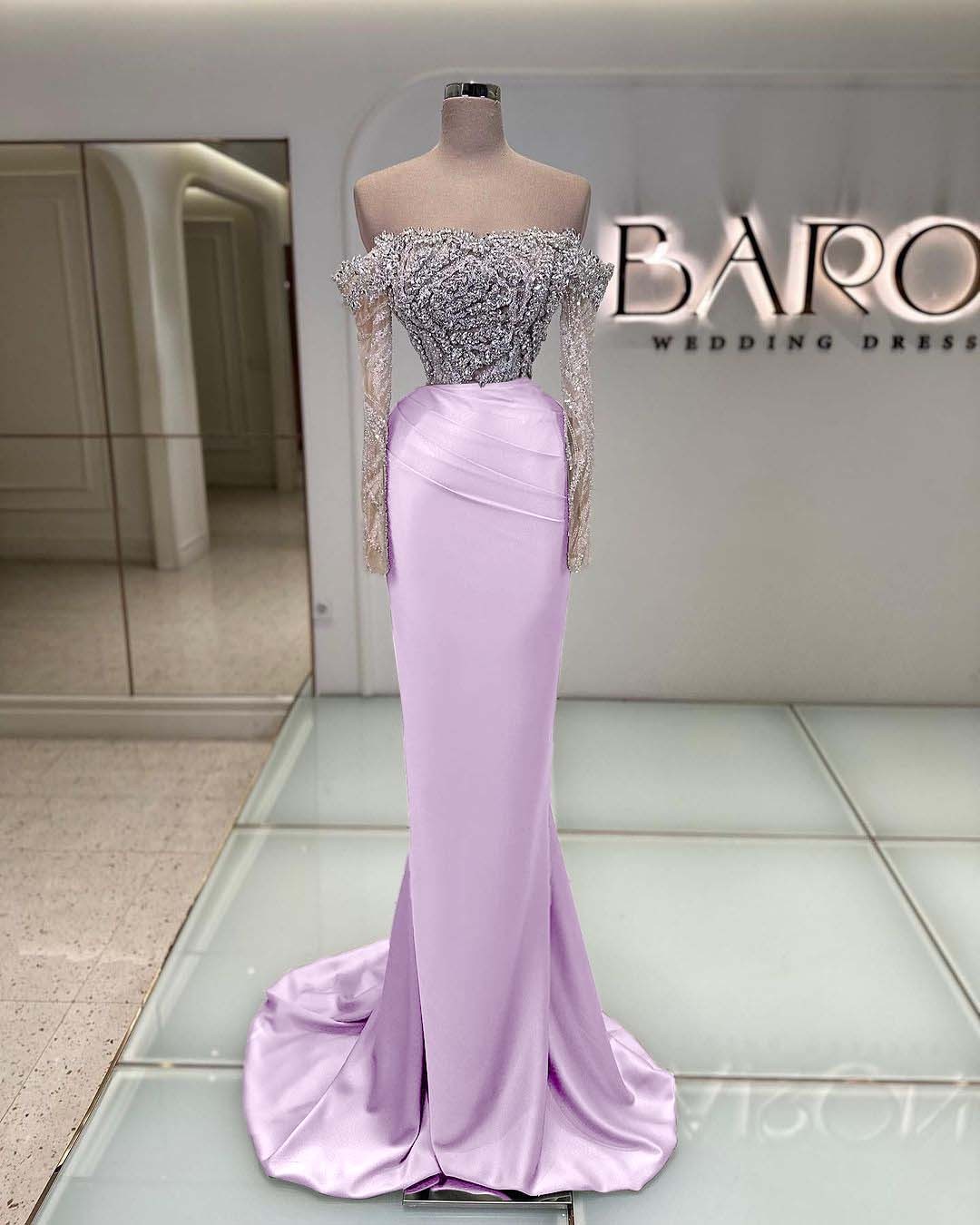 Off the Shoulder Long Sleeves  Long Mermaid Prom Dress With Beading