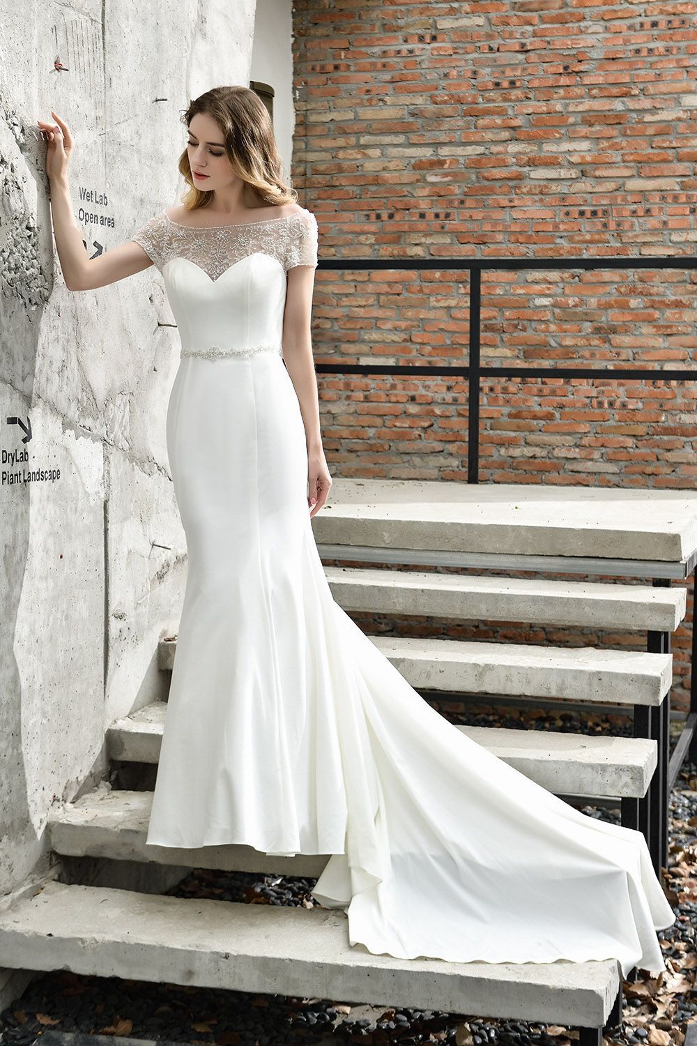BMbridal Mermaid Satin Lace Off the Shoulder Affordable Ivory Wedding Dress