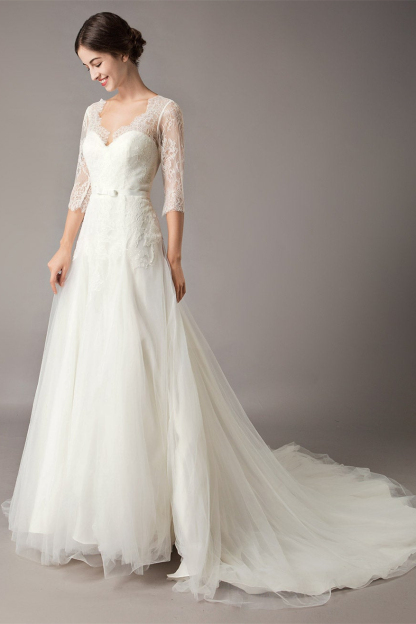 Lace Beach Half-Sleeves Wedding Dress