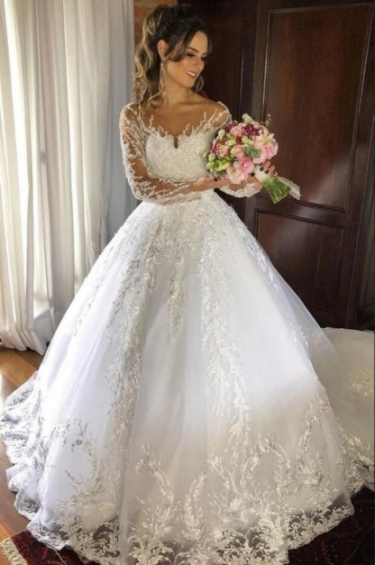Charming Long Sleeves Princess Tulle Wedding Dress with Appliques