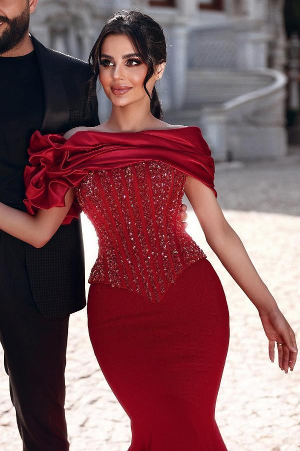 Bmbridal Off-the-Shoulder Red Prom Dress Mermaid Long With Appliques