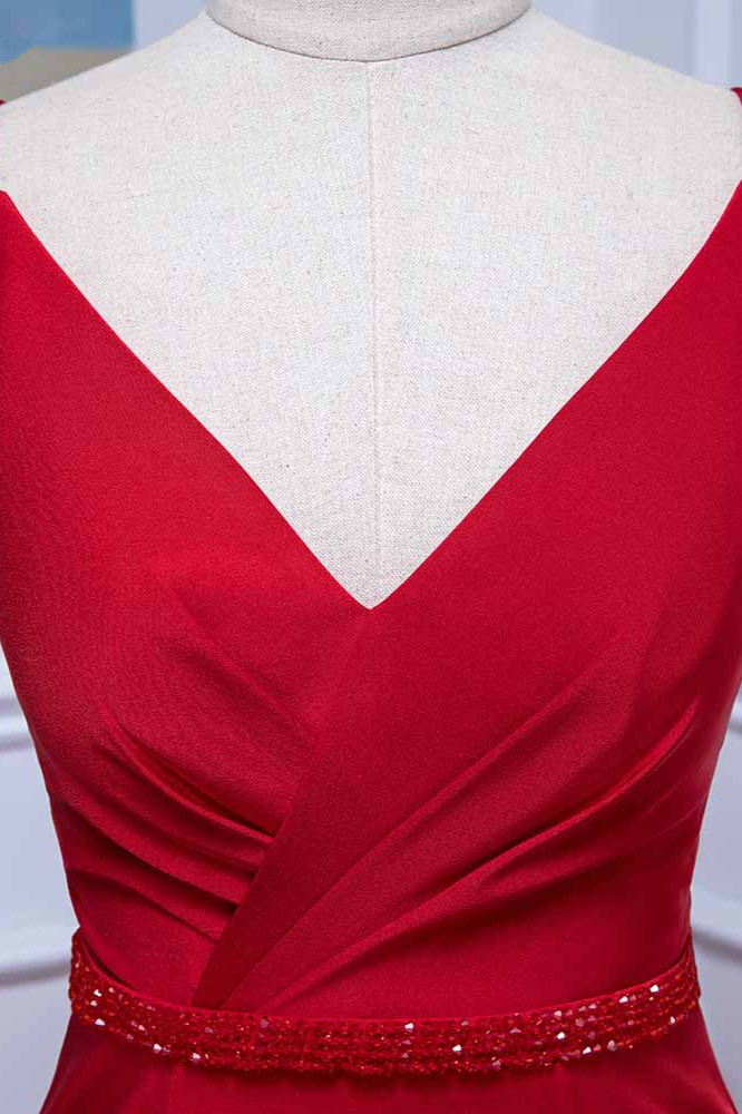 BMbridal Elegant V-Neck Burgundy Prom Dresses Spaghetti Straps with Beadings Sash
