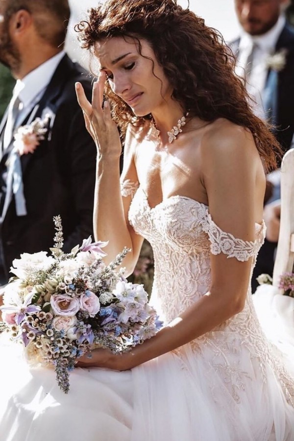 Bmbridal Champagne Tulle Bridal Dress Off-the-Shoulder With Appliques-BMbridal