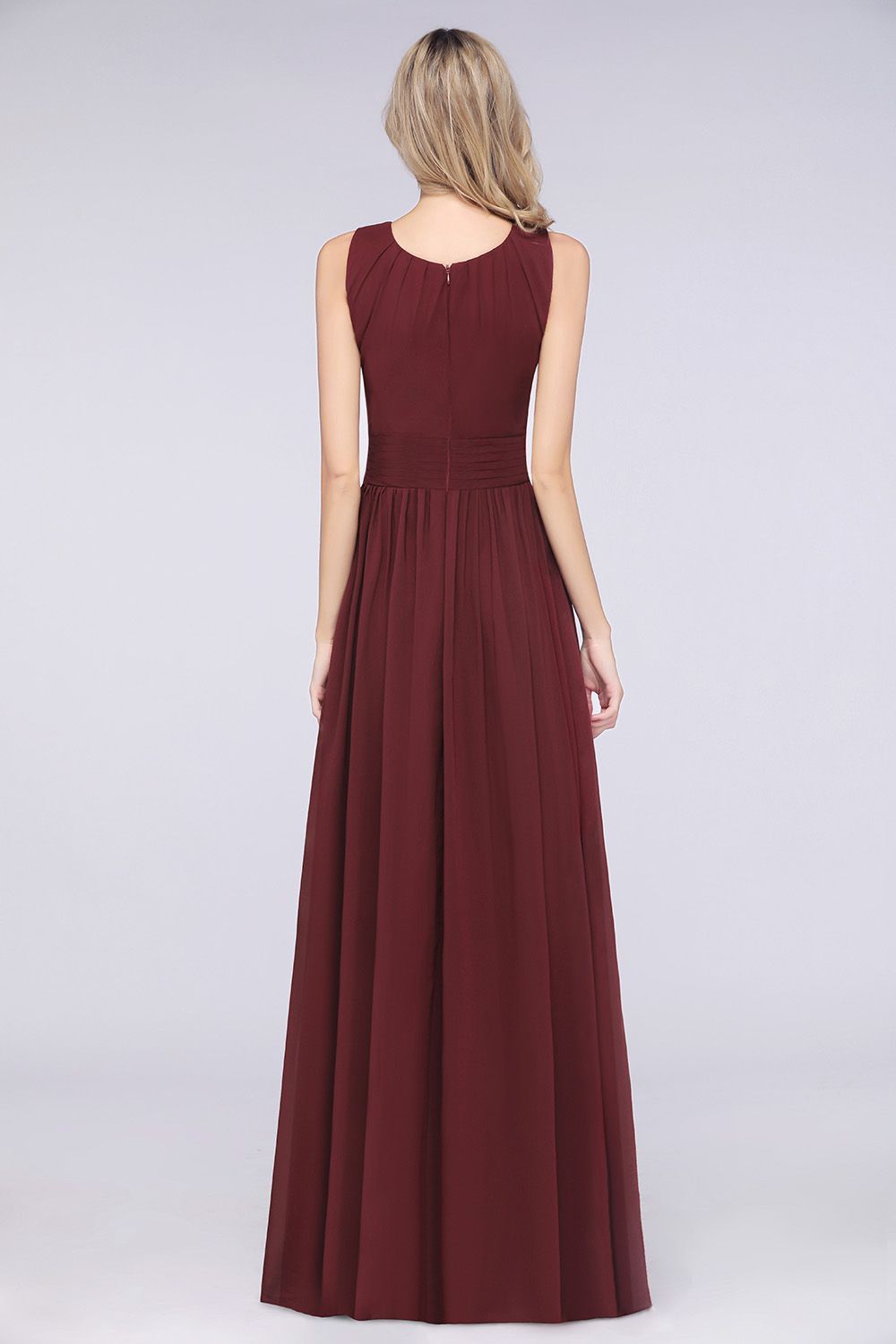 BMbridal Modest Round-Neck Sleeveless Burgundy Bridesmaid Dresses with Ruffles-BMbridal