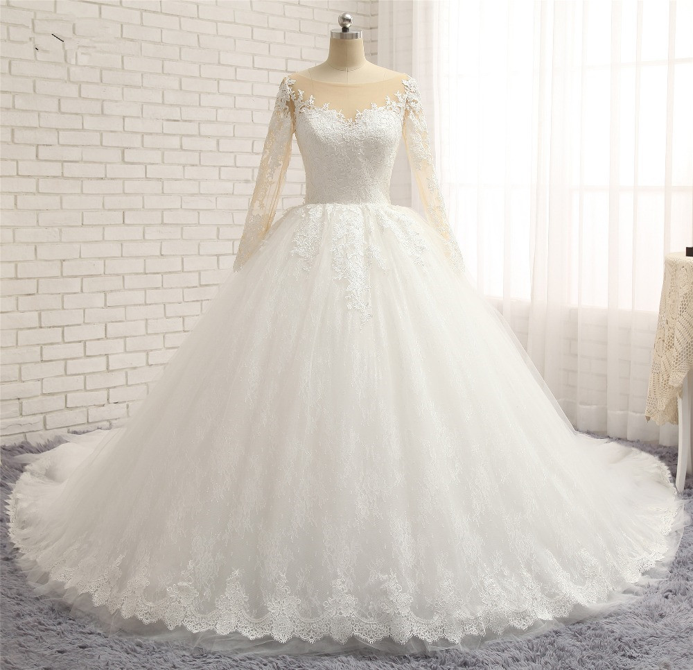 BMbridal Affordable White Tulle Ruffles Wedding Dresses Jewel Longsleeves Lace Bridal Gowns With Appliques Online-BMbridal