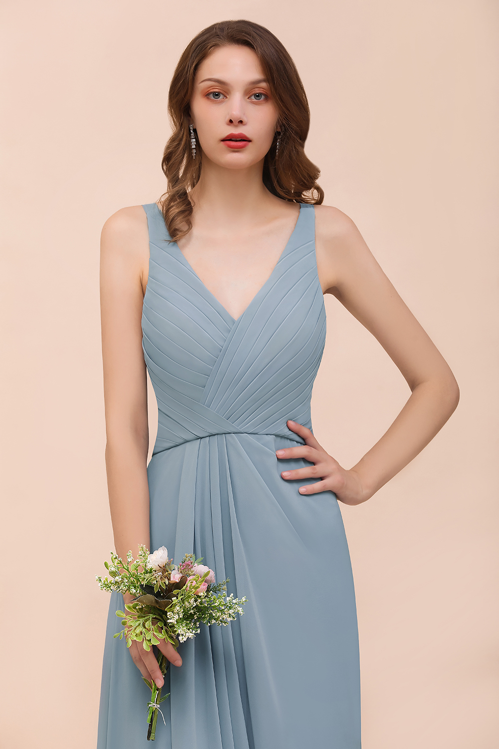 BMbridal Elegant V-Neck Ruffle Dusty Blue Chiffon Bridesmaid Dresses Online-BMbridal