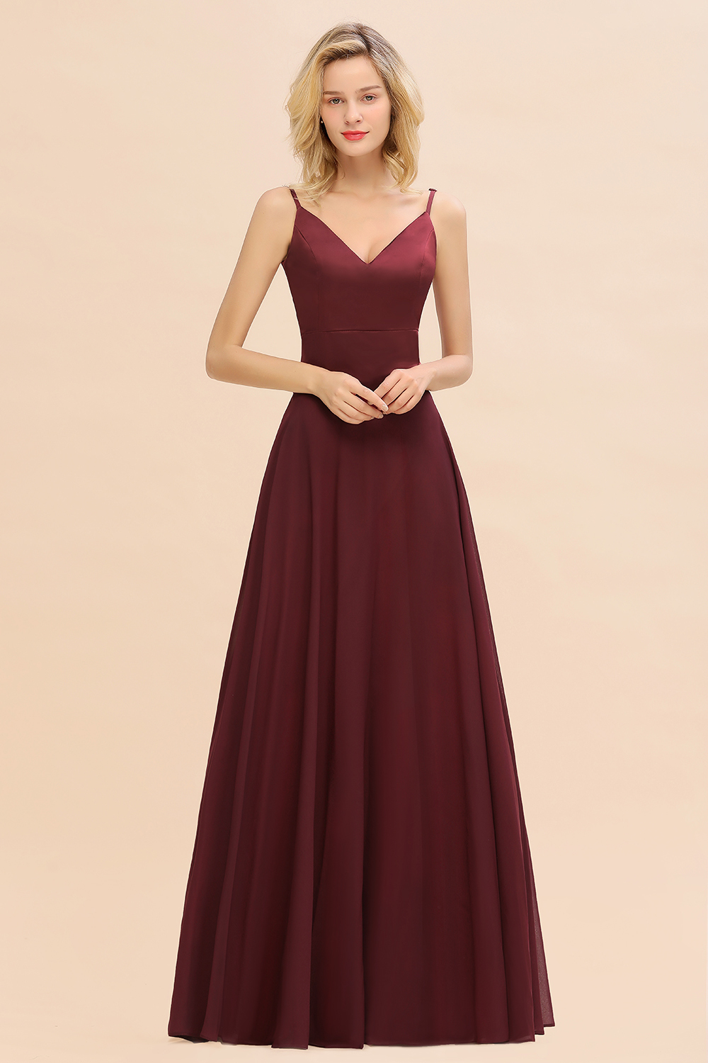 BMbridal Simple Satin Chiffon Spaghetti-Straps Burgundy Long Bridesmaid Dress-BMbridal