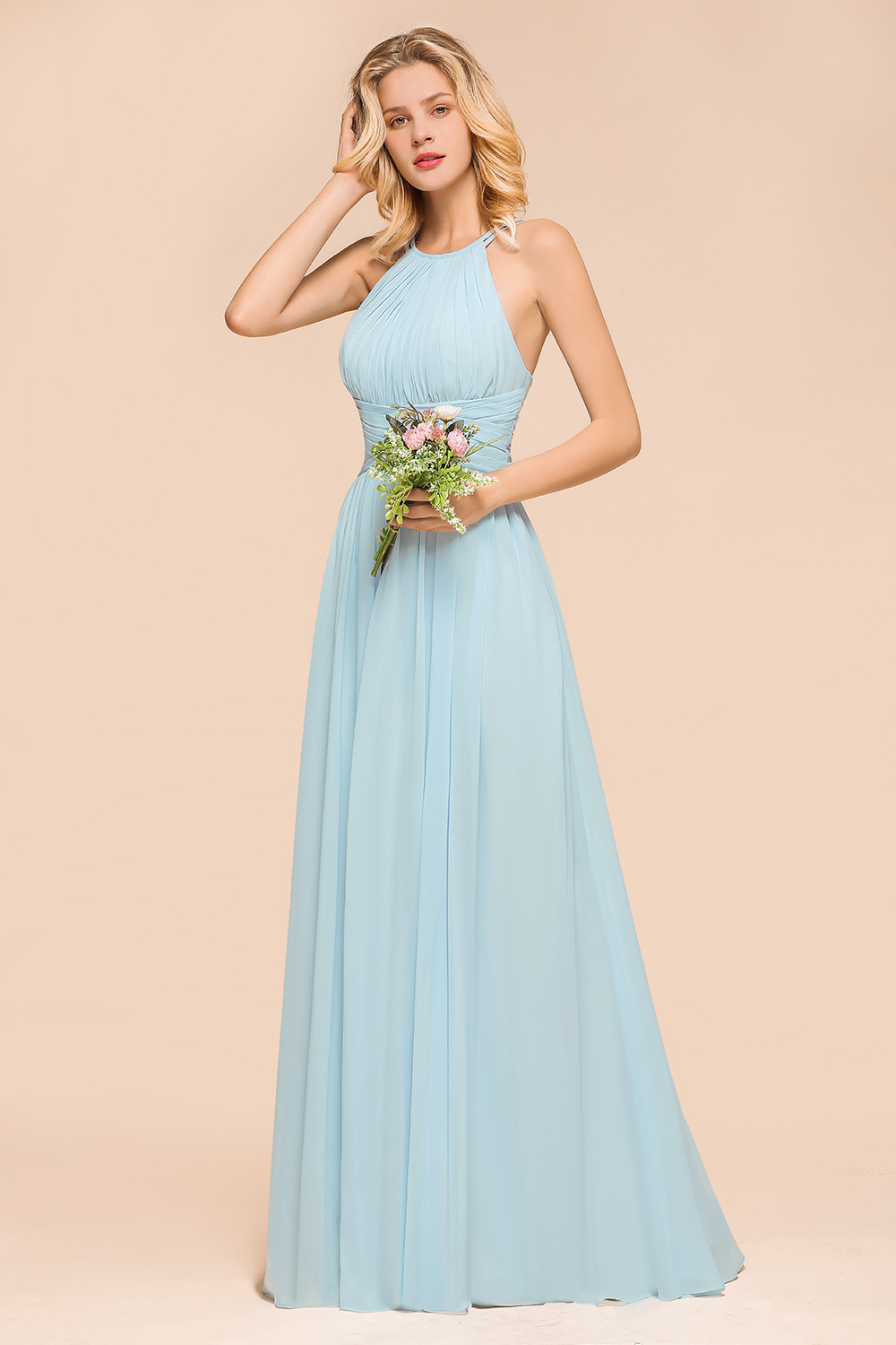 BMbridal Gorgeous Halter Ruffle Sky Blue Affordable Bridesmaid Dress-BMbridal
