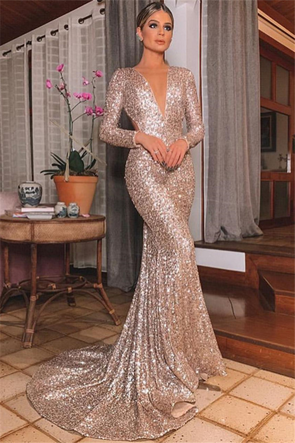 Bmbridal Long Sleeves Mermaid Evening Dress Sequins V-Neck