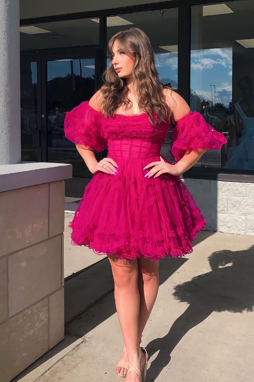 Fuchsia Corset Puff Sleeves A-Line Short Tulle Homecoming Dress with Ruffles-BMbridal