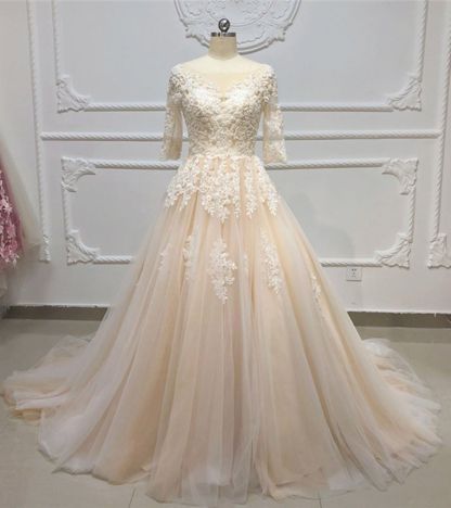 BMbridal Gorgeous Champagne Tulle Half Sleeve Long Wedding Dress White Lace Applique Bridal Gowns On Sale-BMbridal