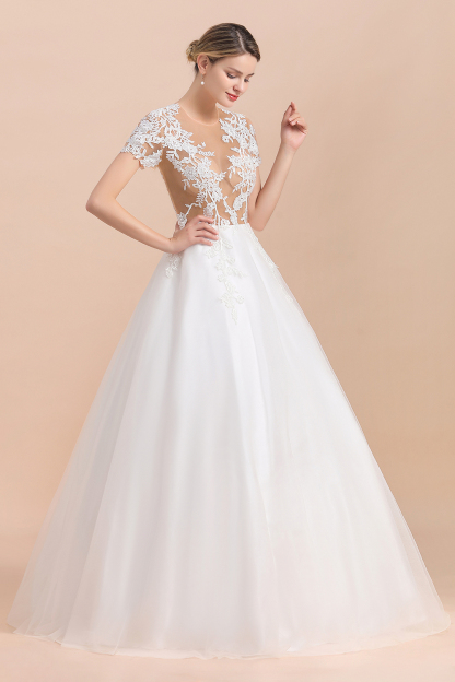 BMbridal Sexy See Through Tulle Appliques Short Sleeves Wedding Dress