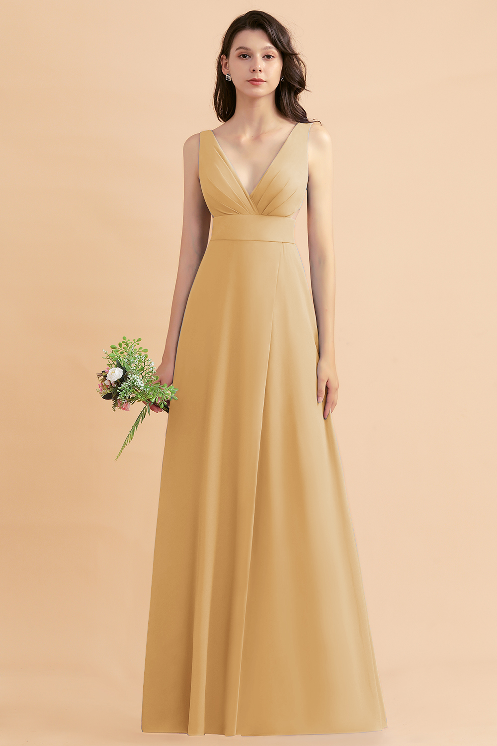 BMbridal A-Line Dusty Blue Chiffon Ruffles Bridesmaid Dress with Slit-BMbridal