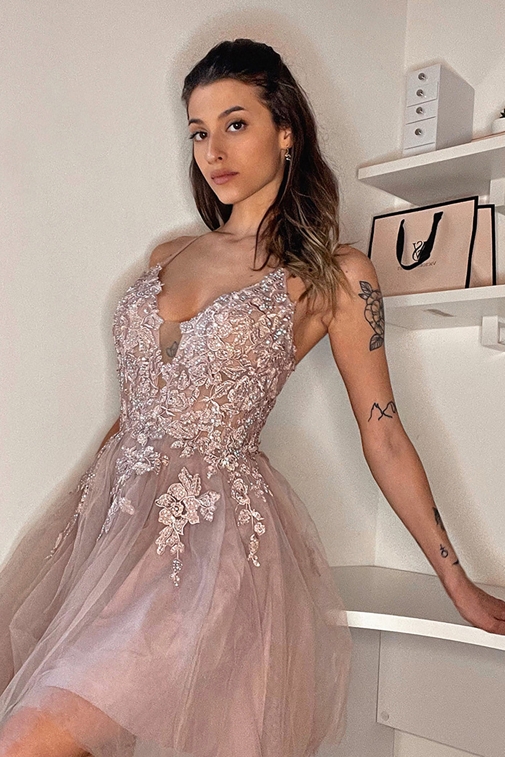 Blush A-Line Tulle Short Homecoming Dress with Appliques-BMbridal
