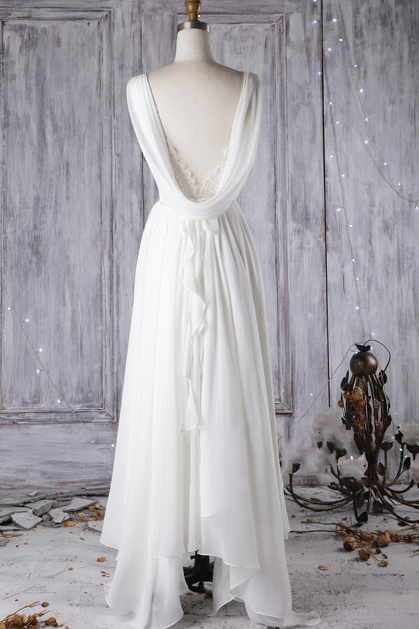 BMbridal Affordable Asymmetric Chiffon Wedding Dress Lace Appliques Ruffles Bridal Gowns On Sale-BMbridal