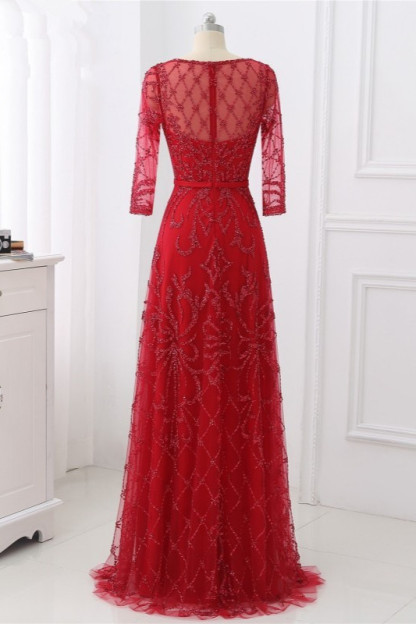 BMbridal Glamorous Red Tulle Jewel Appliques Prom Dresses Long Sleeves with Rhinestones On Sale