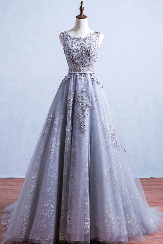 BMbridal Elegant Jewel Tulle Lace Prom Dresses Sleeveless Appliques Ruffles Party Dresses On Sale