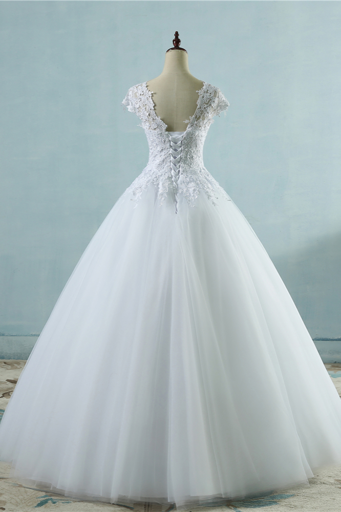 BMbridal Elegant V-Neck Tull Lace White Wedding Dress Short Sleeves Appliques Bridal Gowns Online