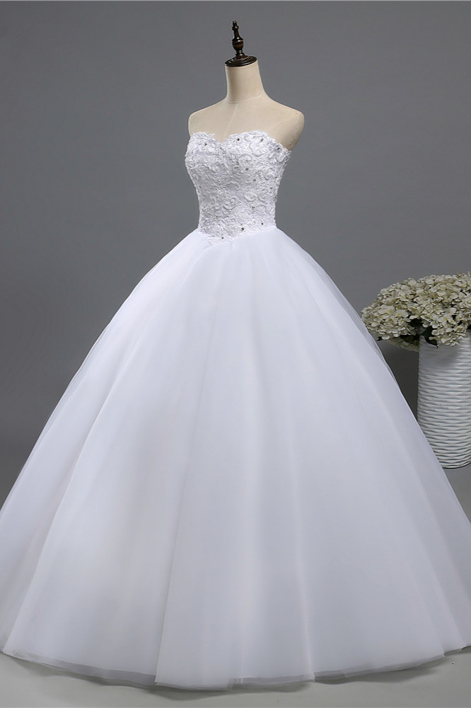 BMbridal Chic Strapless Sweetheart Tulle Lace Wedding Dresses Sleeveless Appliques Bridal Gowns with Beadings-BMbridal