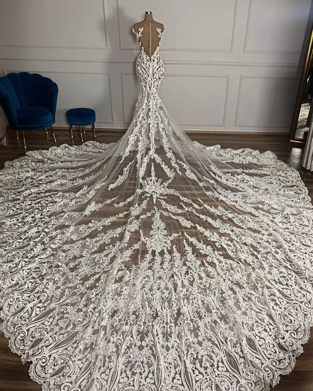 Bmbridal Cap Sleeves Lace Wedding Dress Mermaid Long On Sale-BMbridal