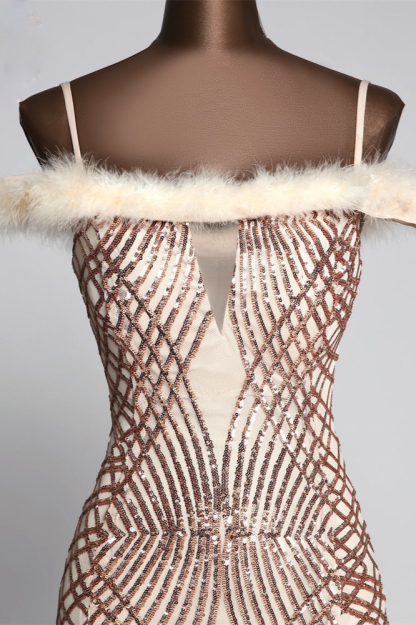 BMbridal Glamorous Sequined Off-the-Shoulder Mermaid Prom Dresses with Fur