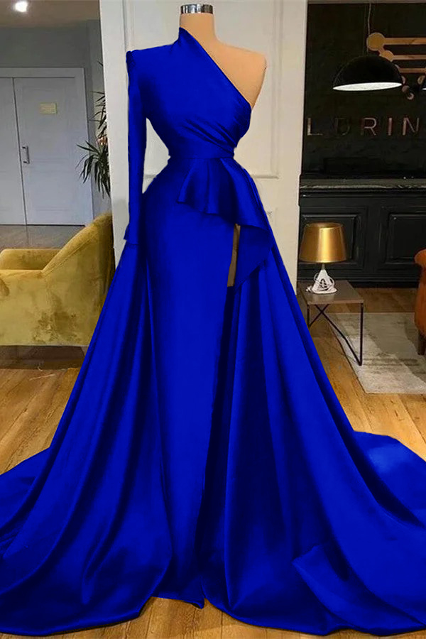 Mermaid Long Sleeve One Shoulder Dark Blue Long Prom Dress With High Split