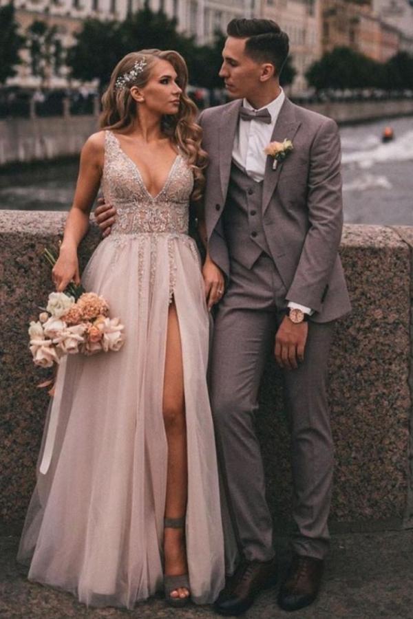 Classy A-Line V-Neck Tulle Lace Long Boho Wedding Dress with Slit Appliques